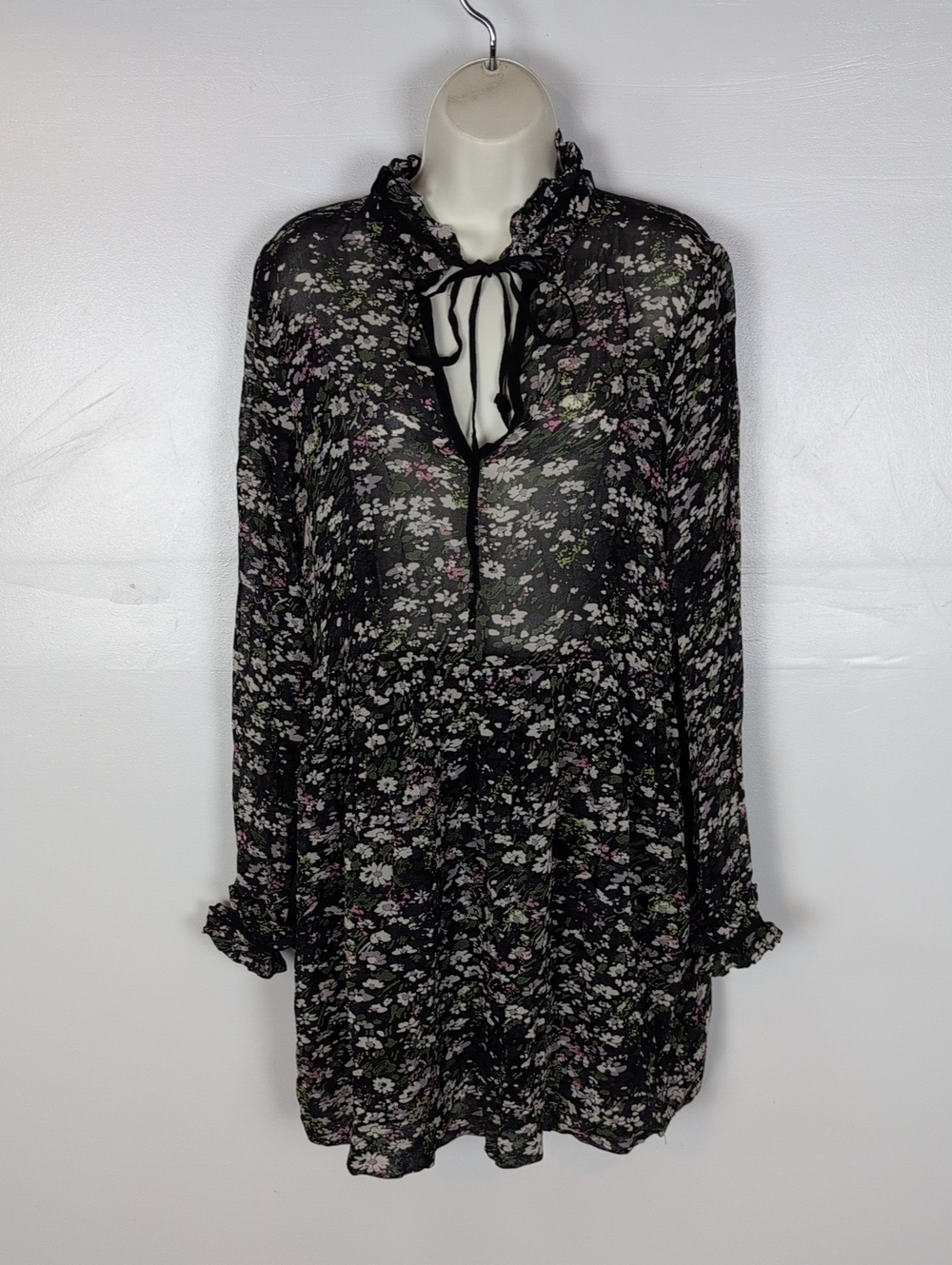 Ganni Sheer Floral Long Sleeve Mini Dress